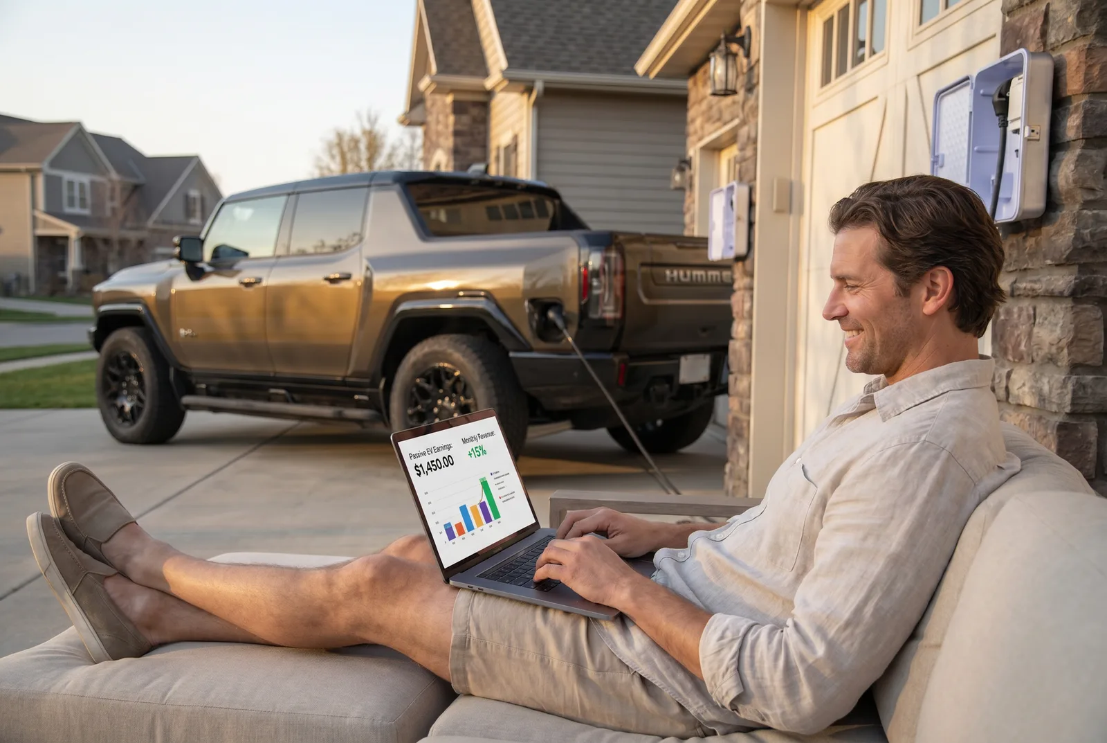 Homeowner relaxing on a patio with a laptop showing the EVchargeME earnings dashboard, EV charging from a wall-mounted lockbox in the background