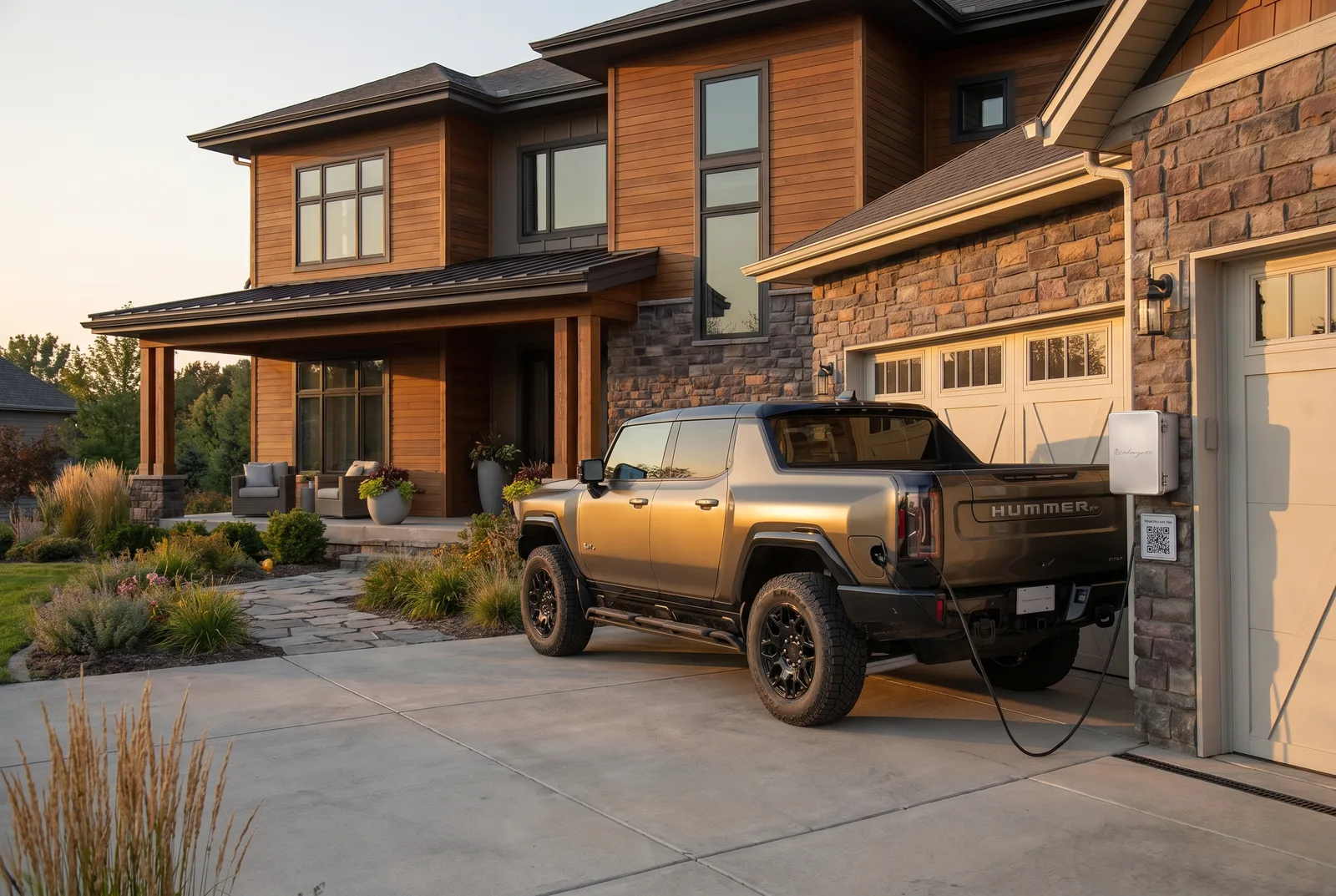 Modern vacation rental exterior with a bronze Hummer EV charging from a wall-mounted lockbox on a stone wall, golden hour lighting